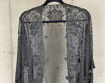 1920s OOAK VINTAGE EDWARDIAN Hand Embroidered Embellished Black Lace Jacket Kimono