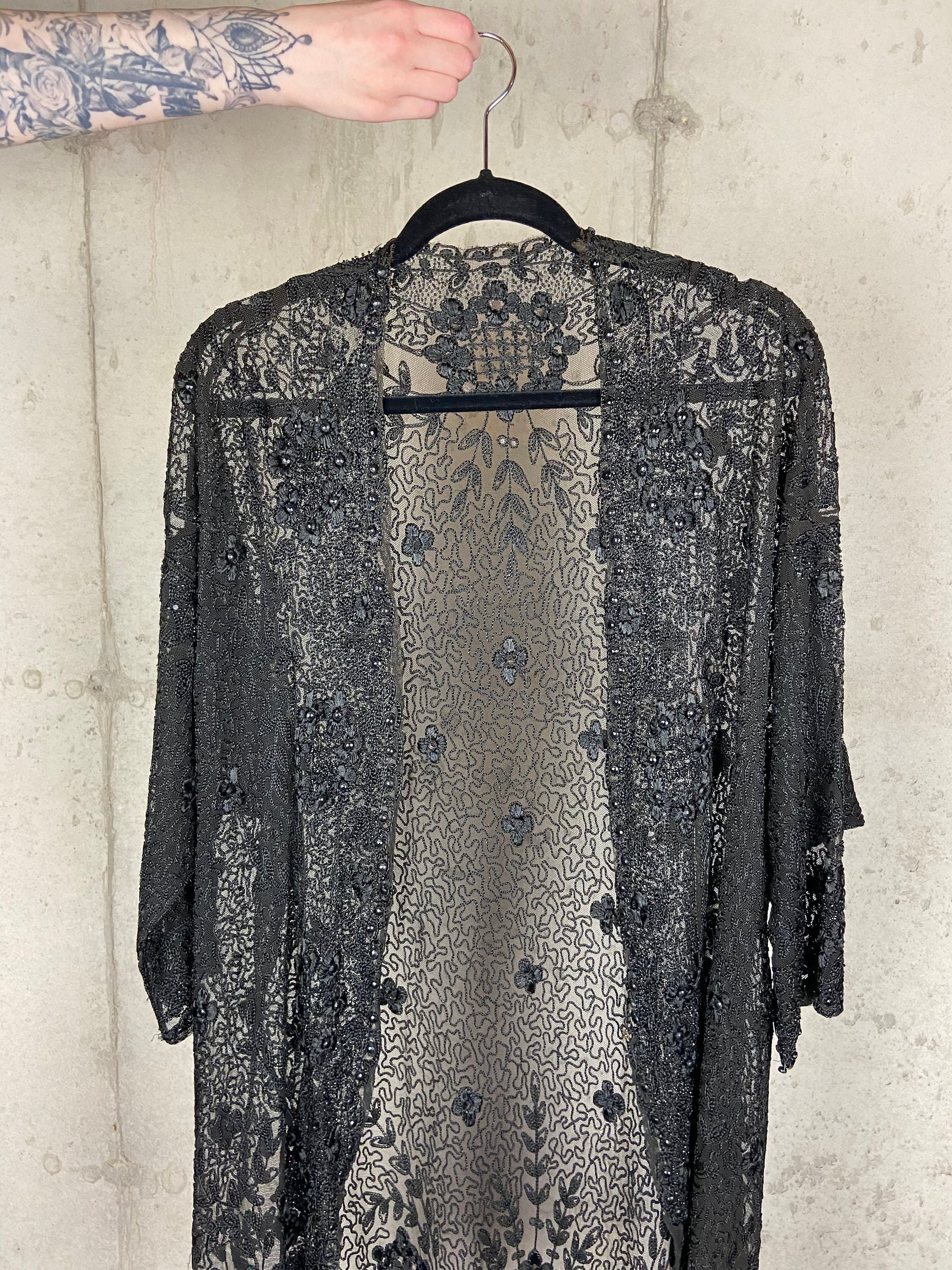 1920s OOAK VINTAGE EDWARDIAN Hand Embroidered Embellished Black Lace Jacket Kimono
