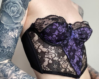 VINTAGE 80s OOAK Purple & Black Lace BUSTIER Corset Bra Top | Sexy Boudoir Lingerie | Y2K Punk Rock Glam Festival | Sheer Lace Bustier 36B