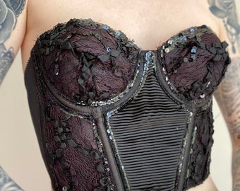 VINTAGE 80s Black Lace Sequin Ribbon BUSTIER Corset Bra Top | Sexy Boudoir Lingerie | Y2K Punk Rock Glam Festival Outfit | Crop Top | 36B
