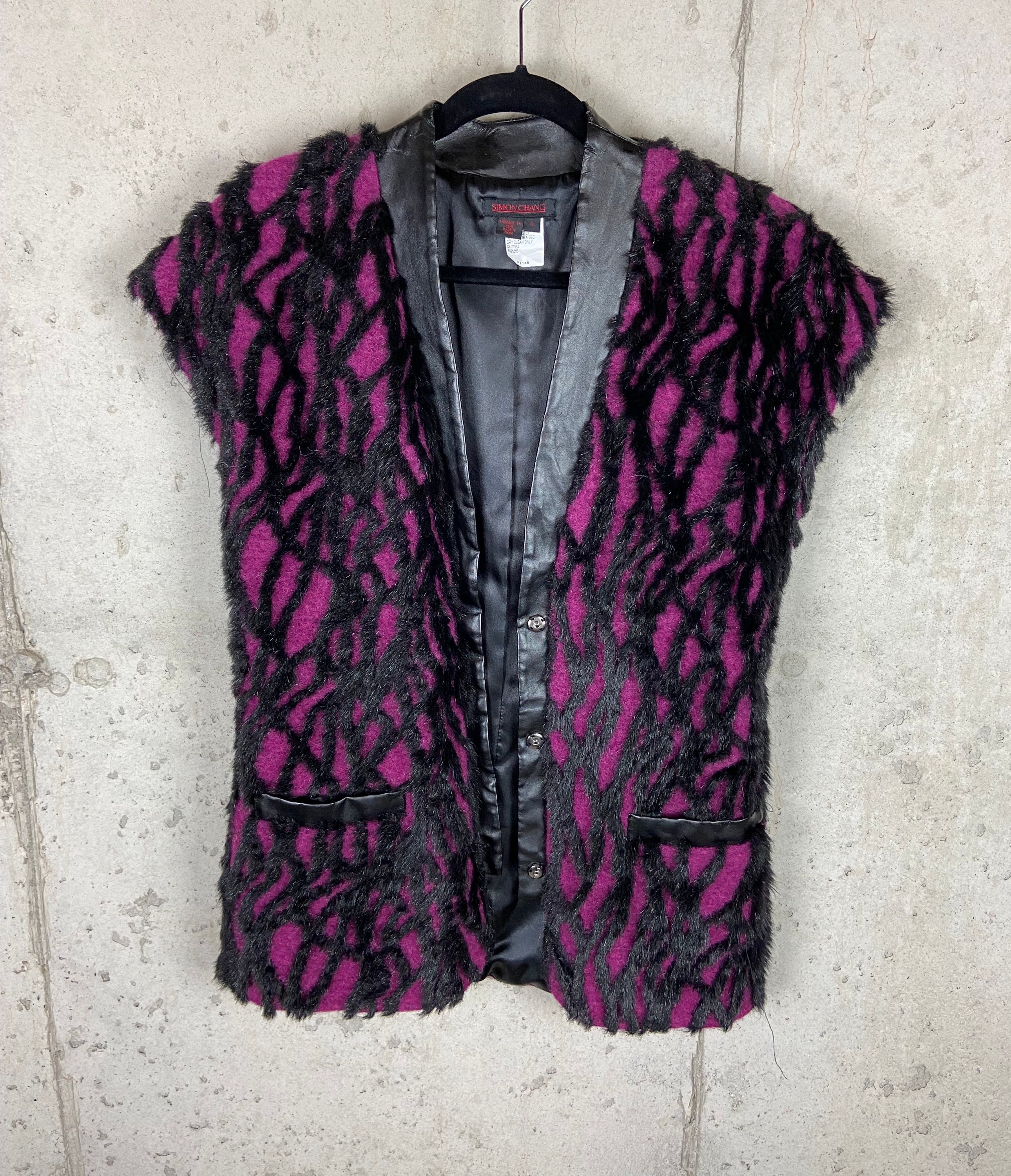 OOAK Vintage 80s/90s Simon Chang Fuchsia Black MOHAIR Faux LEATHER Vest | Avant Garde Punk Rock Glam Fur Vest | Women’s Fashion Maximalist
