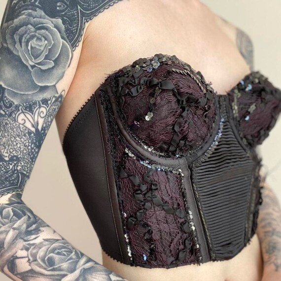 VINTAGE 80s Black Lace Sequin Ribbon BUSTIER Cors… - image 2