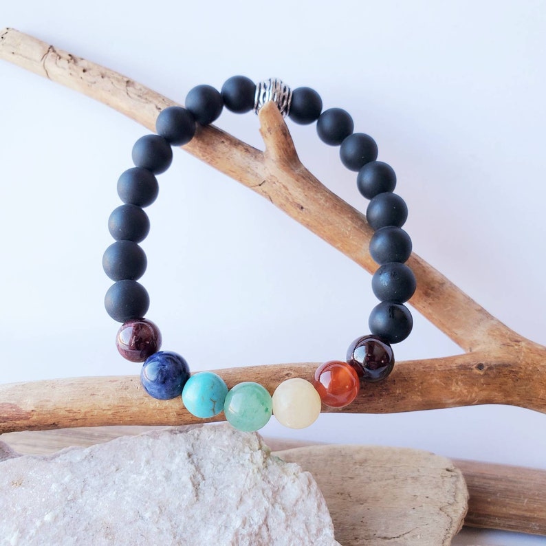 Bracelet Pierres Semi-précieuses - Cristal Crack Bleu Ciel Et Agate Noire, Ajustable, Femme/homme