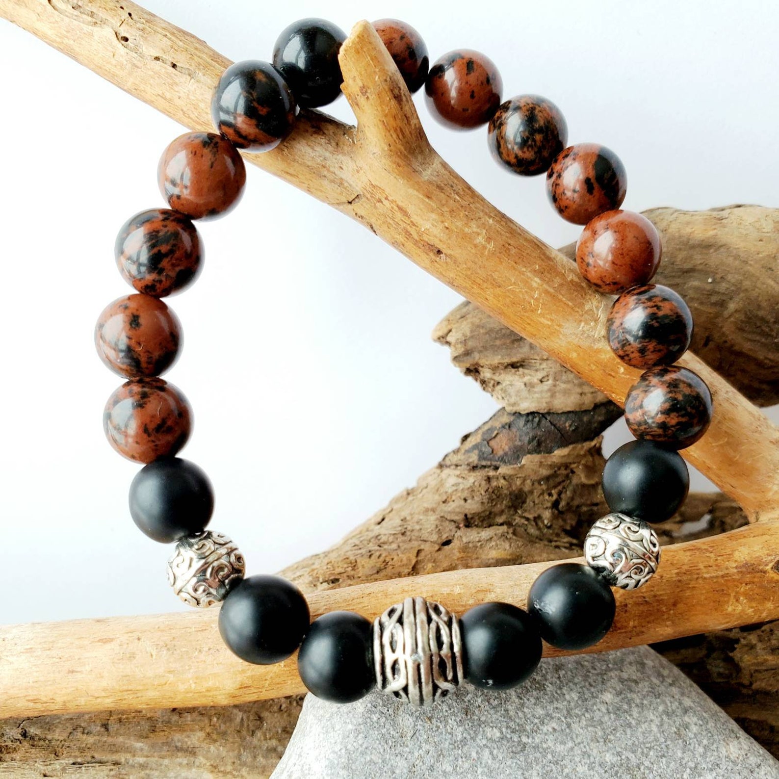 Bracelet Pierres Semi-Précieuses pour elle-Onyx avec Main de Fatima