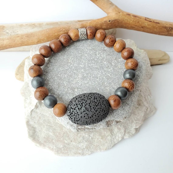 Bracelet Homme/Femme Perles Pierre De Lave & Hématite & Bois - Sur Mesure - Fait Main
