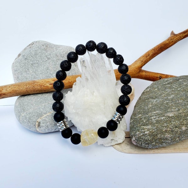 bracelet pierre semi-précieuse, pierre de lave, citrine, bracelet diffuseur