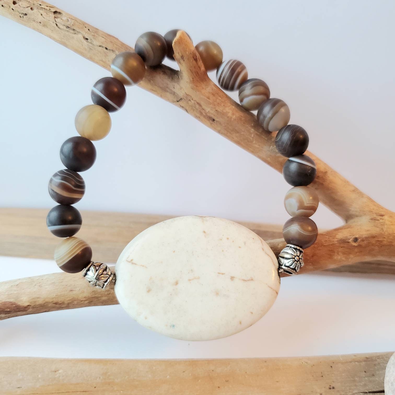 Bracelet Ajustable En Pierres Semi-précieuses (Agate, Howlite, Perle De Lave) - Noir & Blanc - Neuf