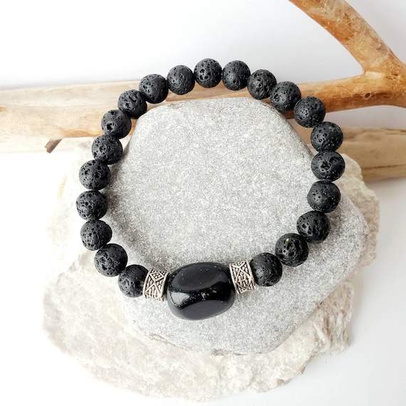 Bracelet En Pierres De Lave Et Pierre Semi-Précieuse - Occasion - Style Ethnique