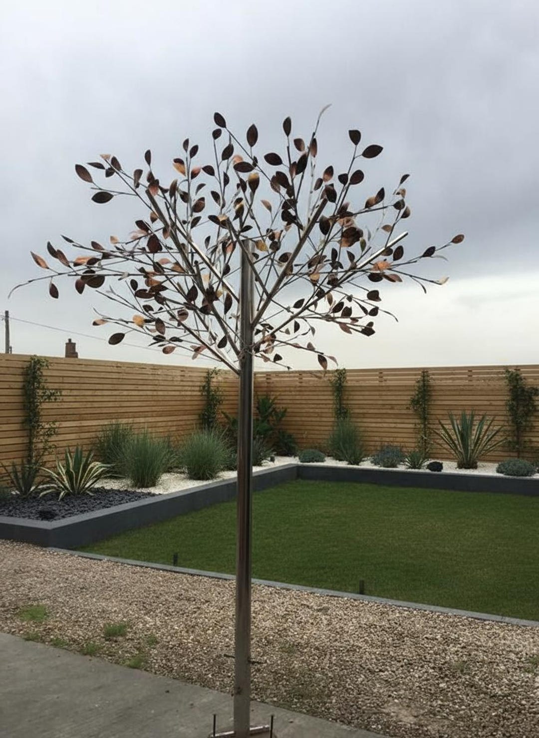 ステンレスアート ツリー ハンドメイド 6ft Stainless Steel Tree Sculpture: Bronze Leaves, Handmade Garden