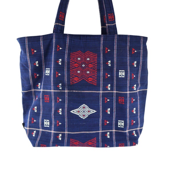 Red, white and Blue Large Handwoven Tote Bag, Lined with many pockets and drawstring organizer