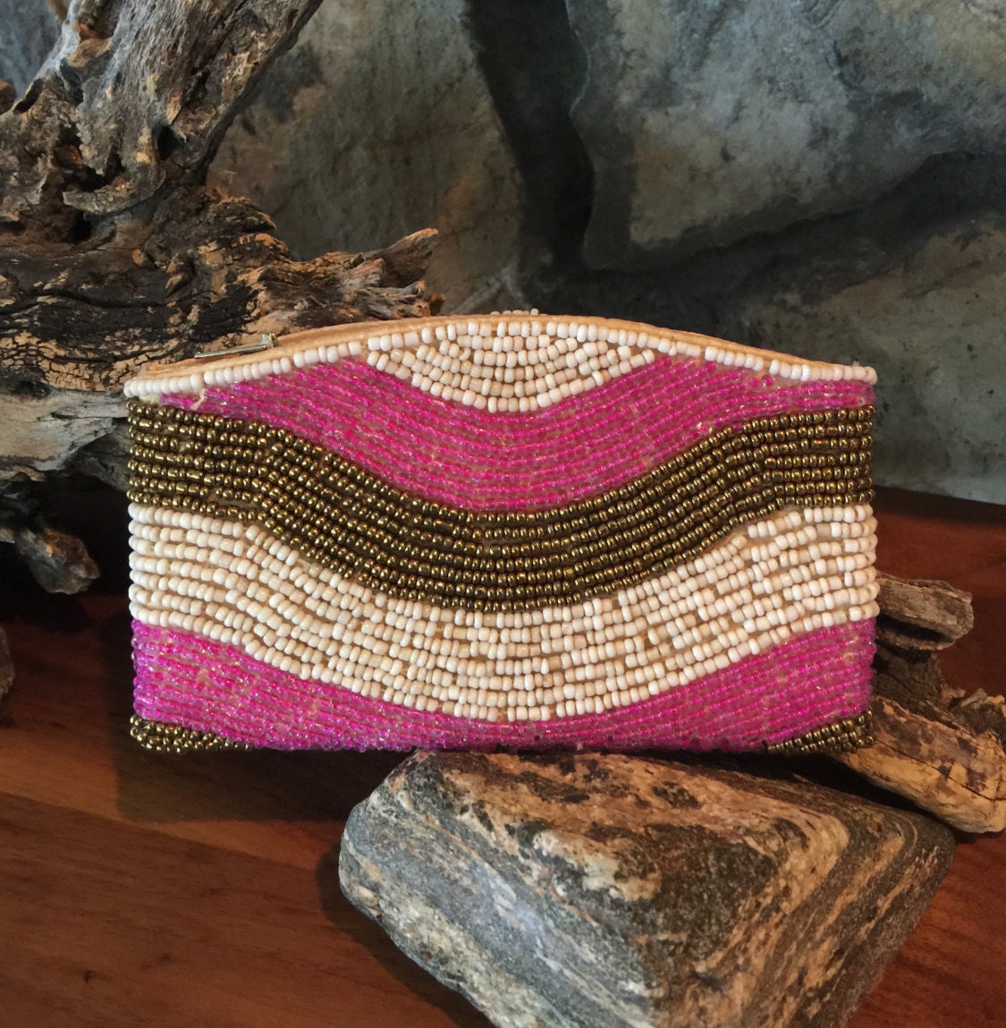 Hand Beaded Coin Purse. Pink Bronze and Cream. Made in Bali. - Etsy