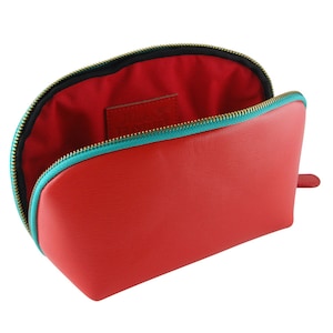 Red and Turquoise Leather Cosmetic Bag, Toiletry Bag, Makeup Bag, Dopp Kit.