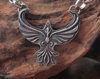 Sterling Silver Phoenix Necklace, Phoenix Rising Necklace, Men's Phoenix Bird Jewelry, Metal Clay Necklace, Self Gift For Her, Gift For Him