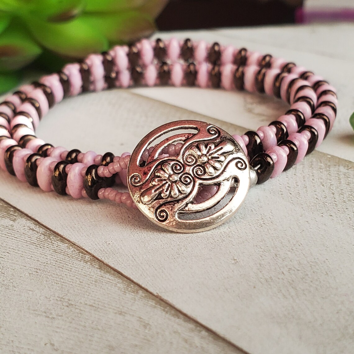 Checkmate Wrap Armband rosa und braun Armband Superduo | Etsy