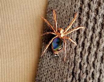 Real Copper Electroformed Spider Pin, Spider Brooch, Spider Jewelry, Aurora Opal Pin, Opal Jewelry, Halloween Jewelry, Oddities, Curiosities