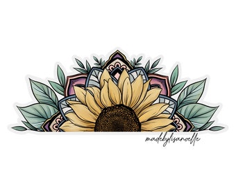 Sunflower Mandala sticker - 2 size options - clear edge - yeti sticker - water bottle sticker - sunflower sticker