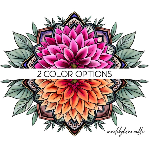 Pegatina Dahlia Mandala - 2 opciones de color - borde transparente - pegatina yeti - pegatina de botella de agua - pegatina de flores - pegatina mandala