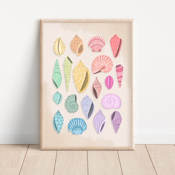 Rainbow Seashell Wall Art, Shells, Coastal Cowgirl, Beach Gallery Art, Boho, Coastal Wall Decor, Beachy, Living Room Art, Printable