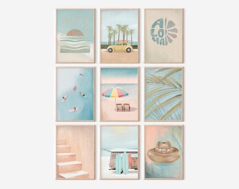 Kustmuurkunstset, strandafdrukken, strandgalerijmuur, moderne kust, kustcowgirl, woonkamerkunst, barkunst, afdrukbare kunst