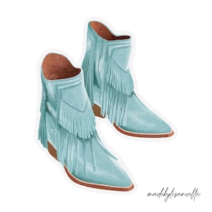 May include: A pair of light blue suede ankle boots with fringe detailing. The boots have a pointed toe and a low heel.