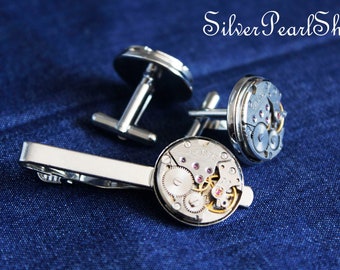 Movement Cufflinks set Mechanical tie clip man gift