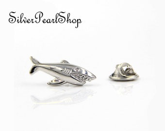 Silver Great White Shark Brooch Shark Collar Pin Men's Gift