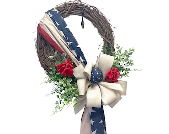 Flag Wreath, Patriotic Floral Grapevine Wreath, July 4th Wreath, July Fourth Americana, Minimalist Patriotic Decor