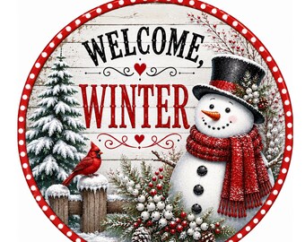 Welcome Winter Snowman Sign, Winter Wreath Sign, Cardinal Snowman Door Decor, Rustic Winter Sign