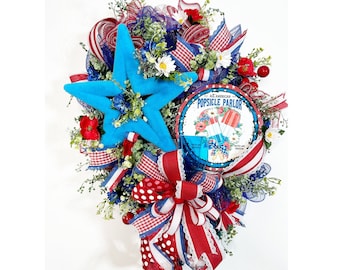 Patriotic floral summer door wreath, Red white and blue wreath decor for home, 4th of July welcome decoration, Large floral Americana party