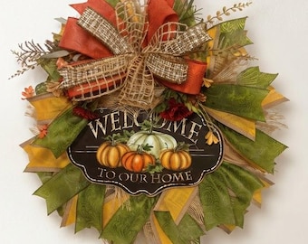 Fall pumpkin door wreath | rustic farmhouse pumpkin wreath | autumn door wreath | burlap mesh ribbon wreath | fall home decor wreath