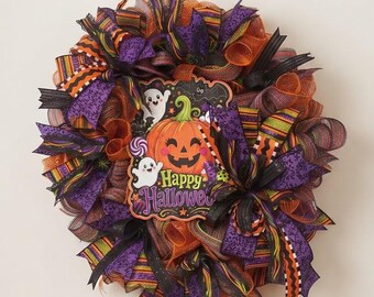 Halloween Front Door Wreath | Playful Spooky Style | Halloween Autumn Decor | Deco Mesh Ribbon | Pumpkin Ghost Door Decoration