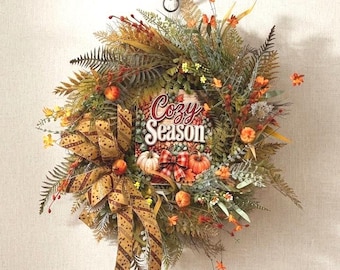 Fall Farmhouse Door Wreath | Rustic Pumpkin Decor | Autumn Cozy Front Porch Decor, Everyday Fall Door Hanging