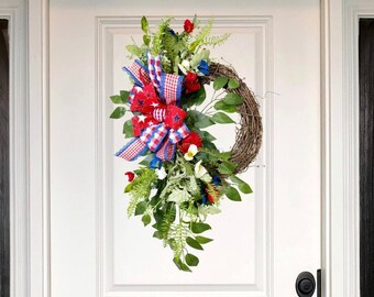 Summer Patriotic wreath for front door, red white and blue house decorations, military family gift, rustic Americana decor