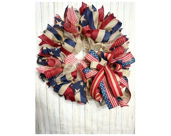 Flag Wreath, Patriotic Primitive Fourth of July Home Decor, Burlap patriotic front door wreath, military family gift, Military Homecoming