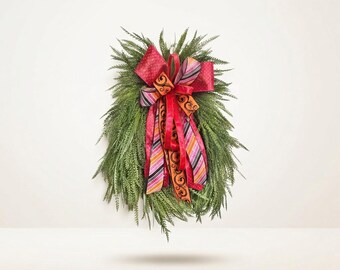 Greenery wreath for Halloween, Fall front door wreath, Hot pink and orange bow