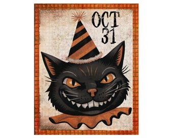 May include: Halloween-themed illustration featuring a grinning black cat wearing a party hat with orange and black stripes. The image includes the text "OCT 31" and is framed with an orange border. The cat has orange eyes and a ruffled collar.