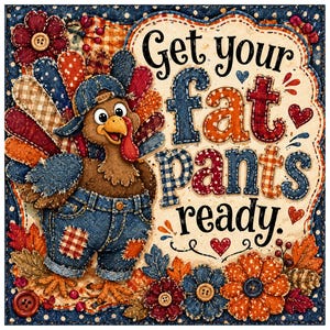 May include: A decorative Thanksgiving-themed image featuring a cartoon turkey wearing a denim cap and shorts. The text "Get your fat pants ready" is displayed in a patchwork style, surrounded by floral and leaf accents.