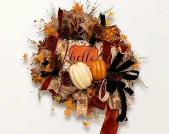Fall pumpkin hello wreath | rustic farmhouse wreath | autumn door decoration | fabric ribbon pumpkin wreath | seasonal home decor