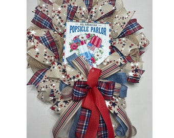 Patriotic Front Door Wreath, Summer Fourth of July Home Decor, Burlap patriotic front door wreath, military family gift, Military Homecoming