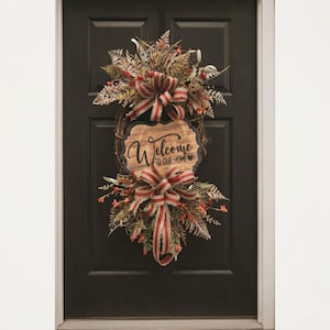 Welcome Sign Wreath | rustic farmhouse wreath | year round door wreath | grapevine wreath with fabric bows | front door decoration