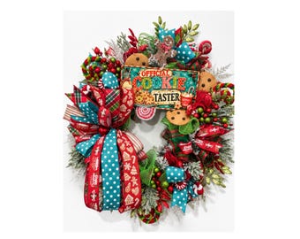 Gingerbread Christmas Door Wreath | Whimsical Baking Decor | Christmas Door Decoration | Faux Pine and Ribbon | Holiday Wall Decor
