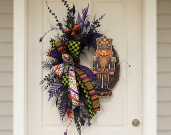 Halloween teardrop door swag | whimsical Halloween door swag | Pumpkin Fall wreath | Nutcracker grapevine decoration