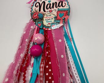 Keychain Gift for Grandmother | Cheerful Nana Ribbon Charm | Year-Round Grandmother Gift | Fabric Ribbon Swivel Clasp | Pink Bag Accessory
