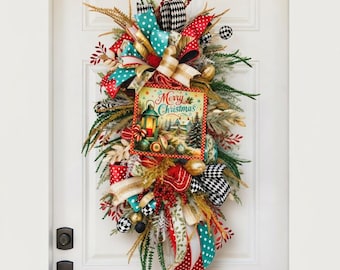 Christmas teardrop door wreath | Holiday swag | Winter front door decor | Faux evergreen decor with Merry Christmas sign