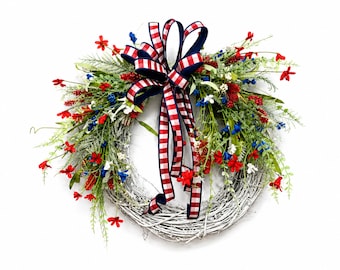 Patriotic Wreath for Front Door, Red White Blue with Stars Stripes Bow,  Rustic Americana Summer Floral Twig Base