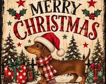 Dachshund Christmas Wall Sign | Rustic Vintage Style | Christmas Holiday Home Decor | Weiner dog decor | Dachshund Gift