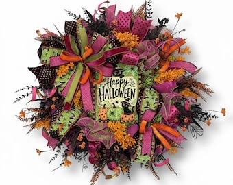 Pink and Orange Halloween Door Wreath, Black Witch Glam Decor