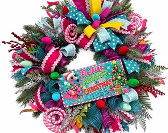Christmas Flamingo Wreath, Beach Christmas, Flamingo decor