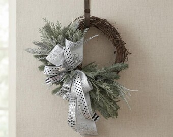 Frosted Evergreen Grapevine Wreath | Rustic Chic Holiday Wreath | Christmas Door Decor | Snowflake Ribbon | Winter Wall Decor