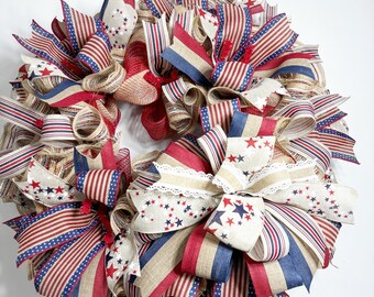 Flag Wreath, Patriotic Primitive Fourth of July Home Decor, Burlap patriotic front door wreath, military family gift, Military Homecoming